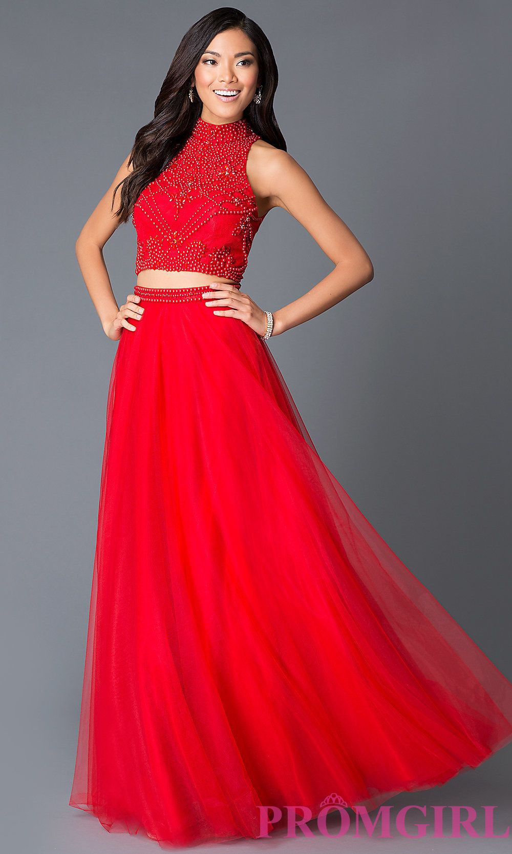High Neck Prom Dress Hairstyles
 High Neck Red Two Piece Beaded Red Long Prom Dress Style