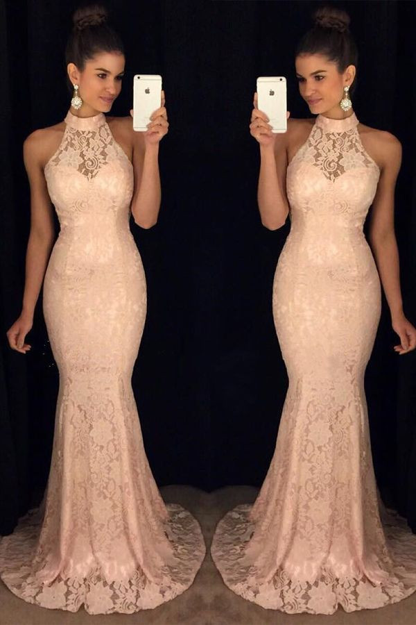 High Neck Prom Dress Hairstyles
 New Arrival Pink Lace Prom Dresses High Neck Mermaid Prom