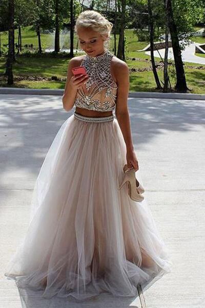 High Neck Prom Dress Hairstyles
 Two Piece High Neck Sleeveless Floor Length Champagne Prom