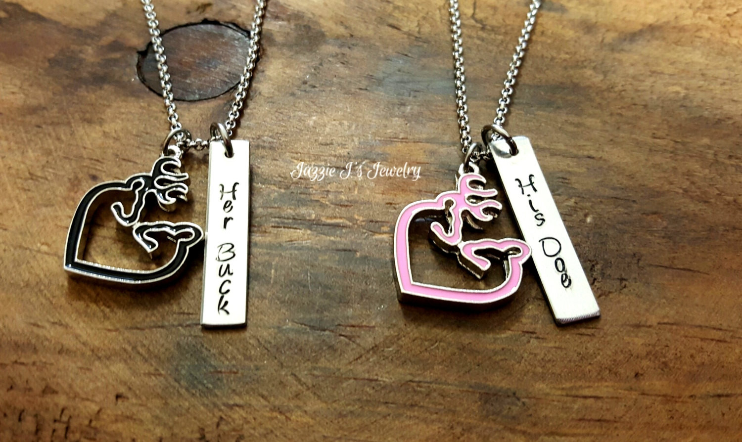 His And Her Buck And Doe Necklaces
 Her Buck His Doe Hand Stamped Necklace Set with Buck Doe