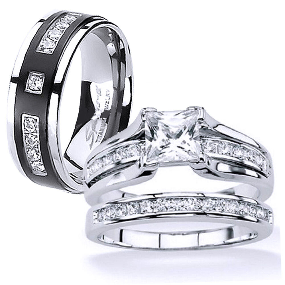 His And Her Wedding Bands Sets Cheap
 His and Hers Stainless Steel Princess Cut Wedding Ring Set