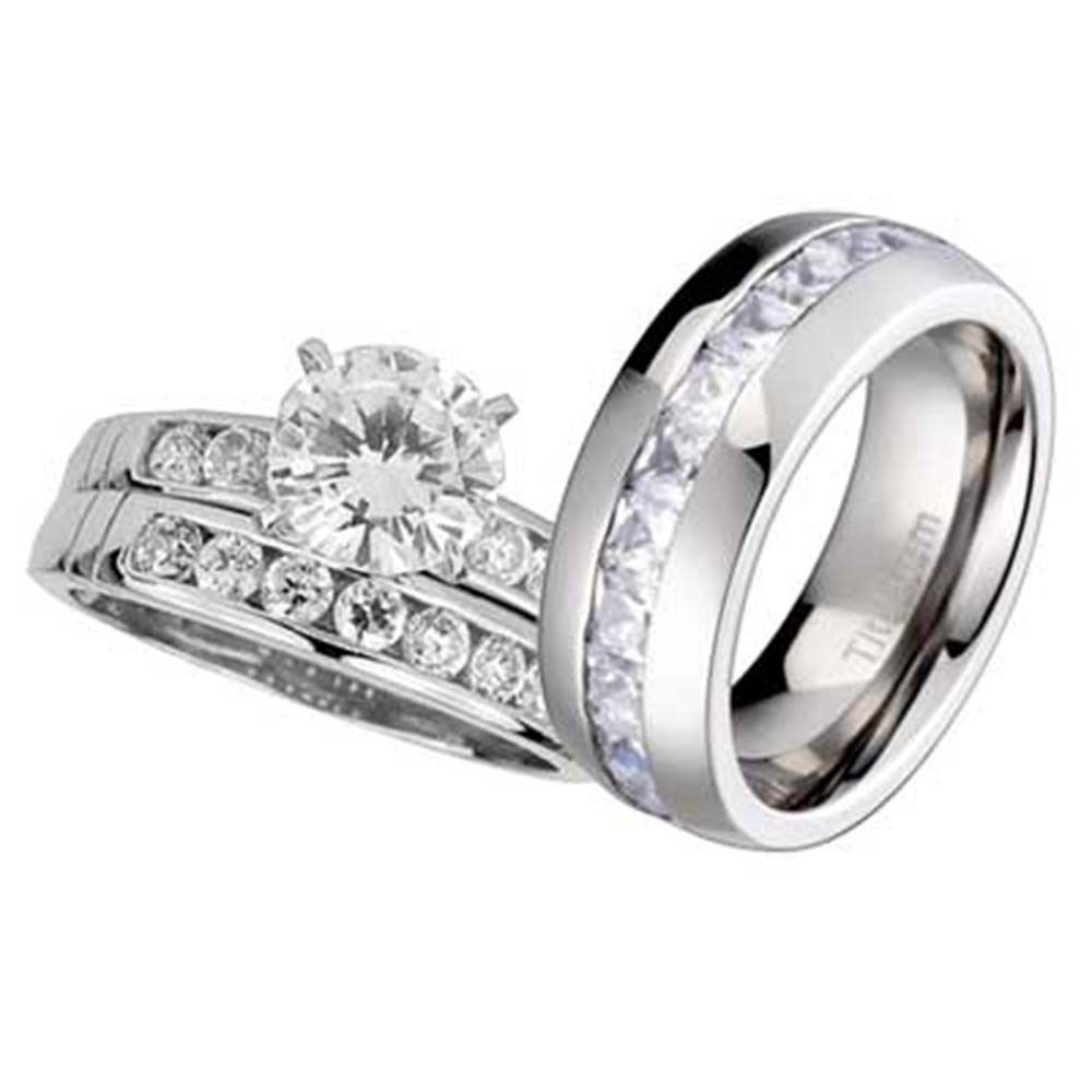 His And Hers Titanium Wedding Rings
 His and Hers Wedding Rings 3 pcs Engagement CZ Sterling
