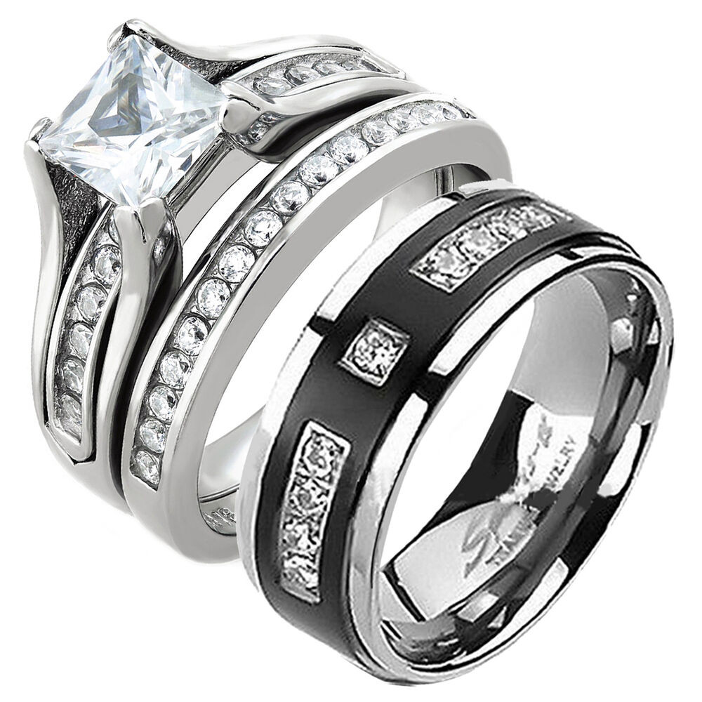 His And Hers Titanium Wedding Rings
 His and Hers Stainless Steel Princess Cut Wedding Ring Set