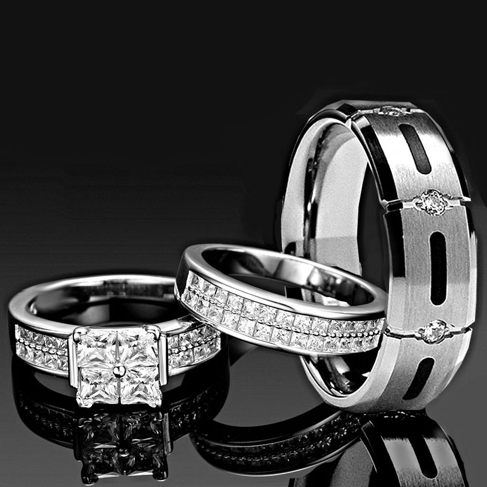 His And Hers Titanium Wedding Rings
 His and Hers Wedding Rings 3 pcs ENGAGEMENT CZ 925