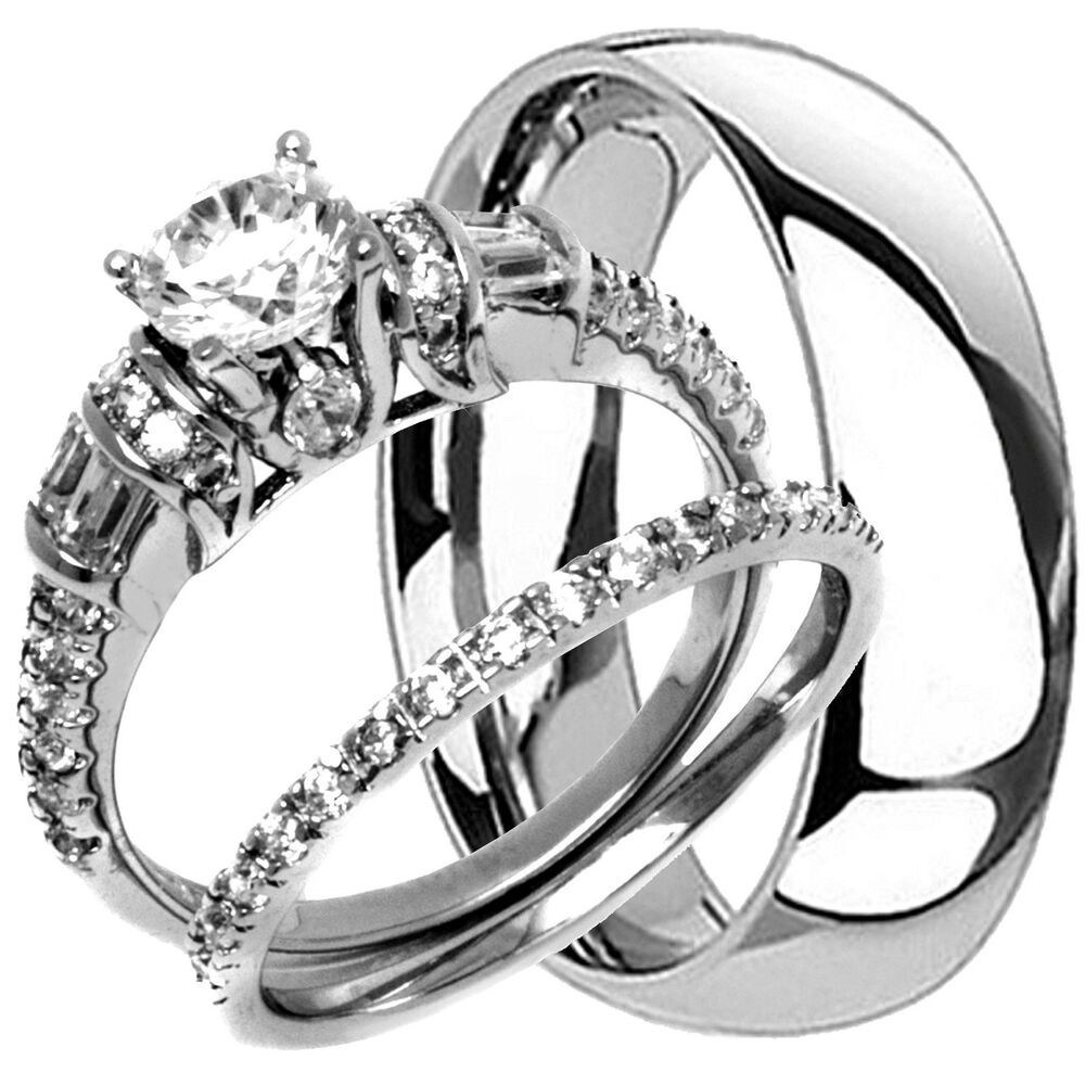 His And Hers Wedding Bands Sets
 TITANIUM Mens Band and 2 pc Womens Engagement Wedding CZ
