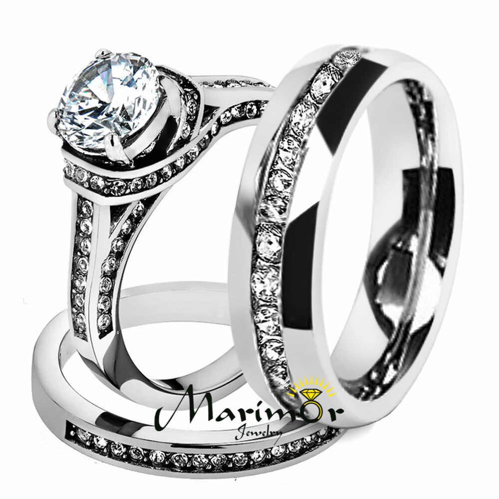 His And Hers Wedding Bands Sets
 Hers & His Stainless Steel 3 Piece Cz Wedding Ring Set and