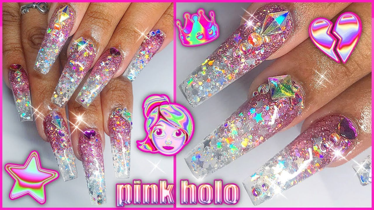 Holo Glitter Nails
 Watch Me Work Pink & Silver Holo Glitter Glass Acrylic