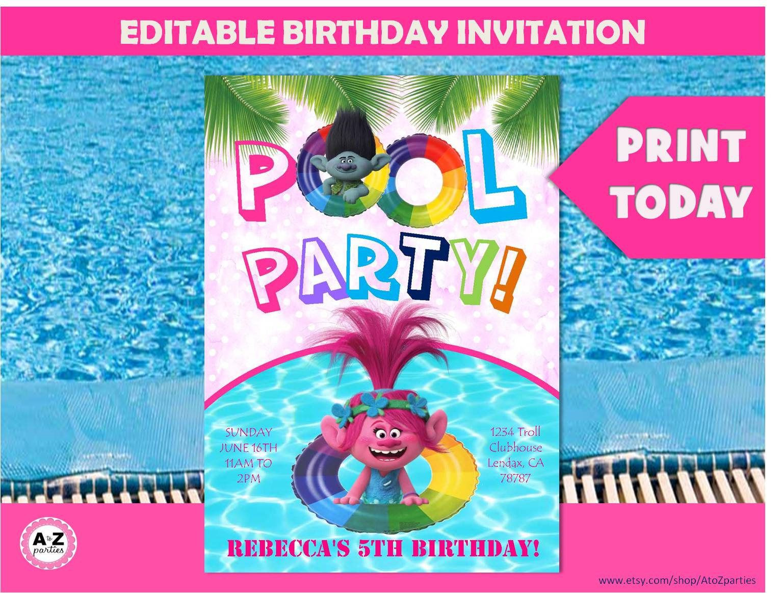 Ideas For A Trolls Pool Party
 Trolls Pool Party birthday invitation Editable Trolls