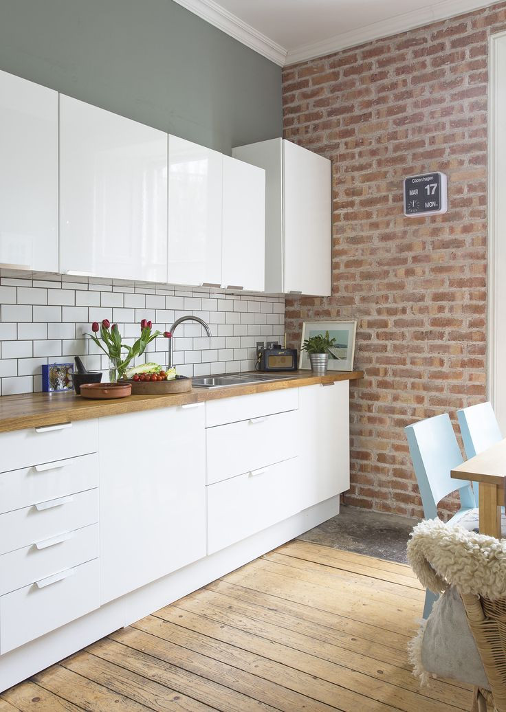 Ikea Kitchen Tiles
 White gloss kitchen units by Ikea Brick Slip Wall Fired