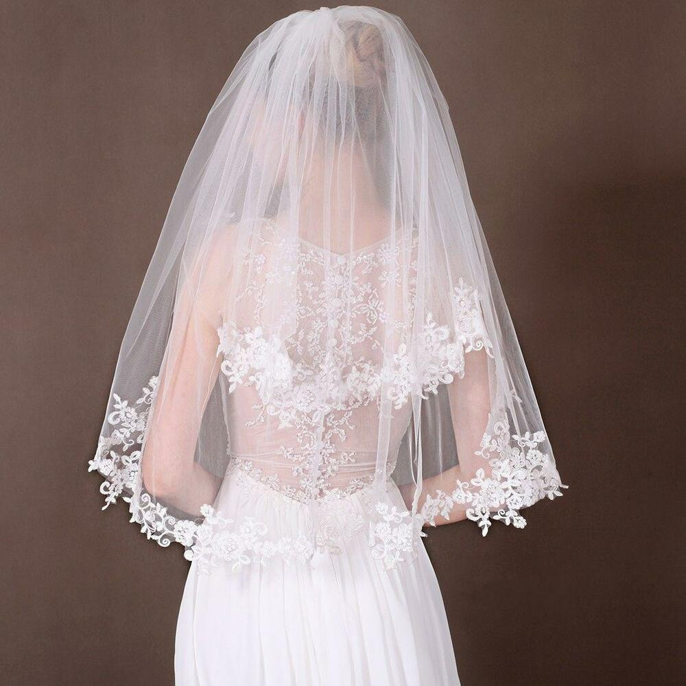 Images Of Wedding Veils
 Beautiful 2 Layer White Ivory Elbow Lace Edge Wedding