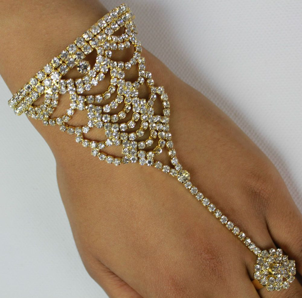 Indian Body Jewelry
 Details about DIAMANTE CRYSTAL HAND CHAIN BRACELET PANJA