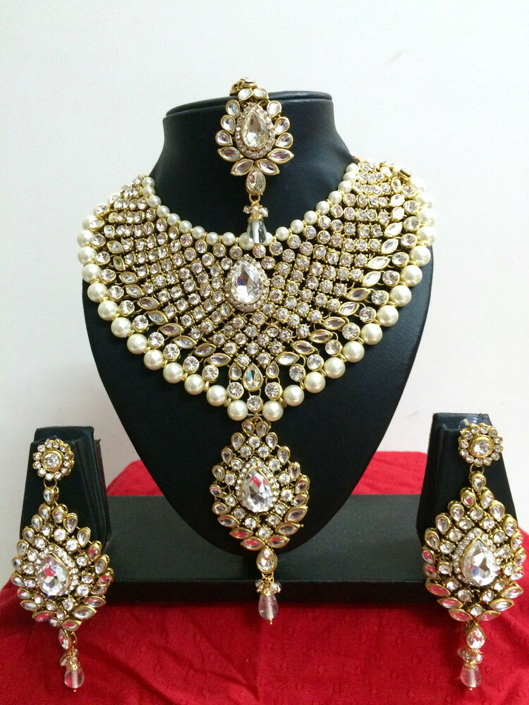 Indian Bridal Jewelry Sets Online
 Indian Bollywood Diamante Kundan Pearl Gold Tone Bridal