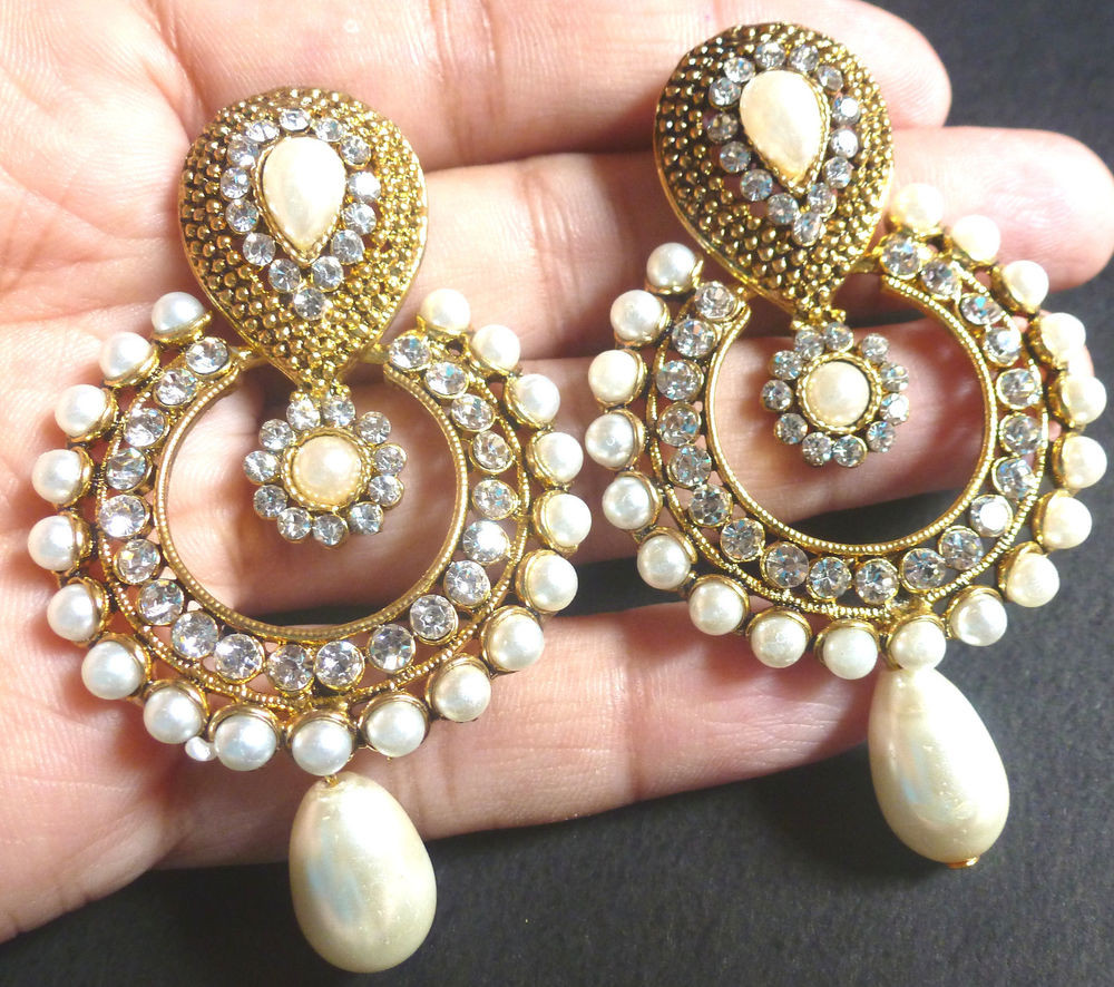 Indian Gold Earrings
 Indian Gold Plated Pearl CZ Drop Kundan Round Earrings