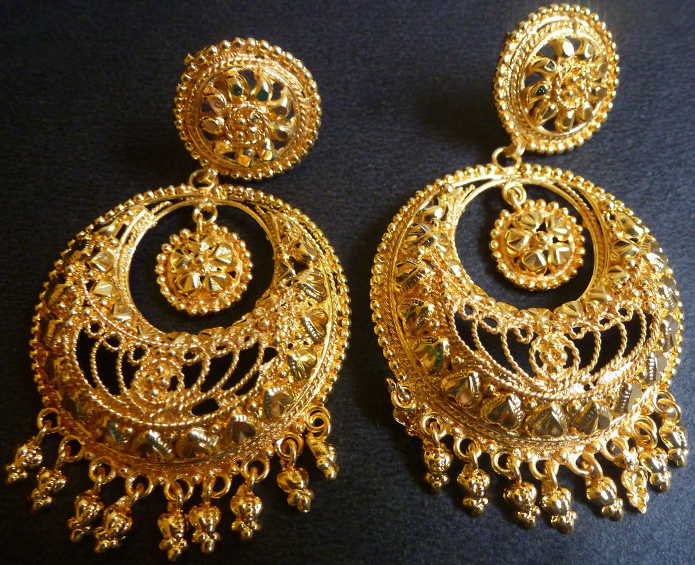 Indian Gold Earrings
 South Indian Gold Plated Chand Bali Jhumka Round Earrings
