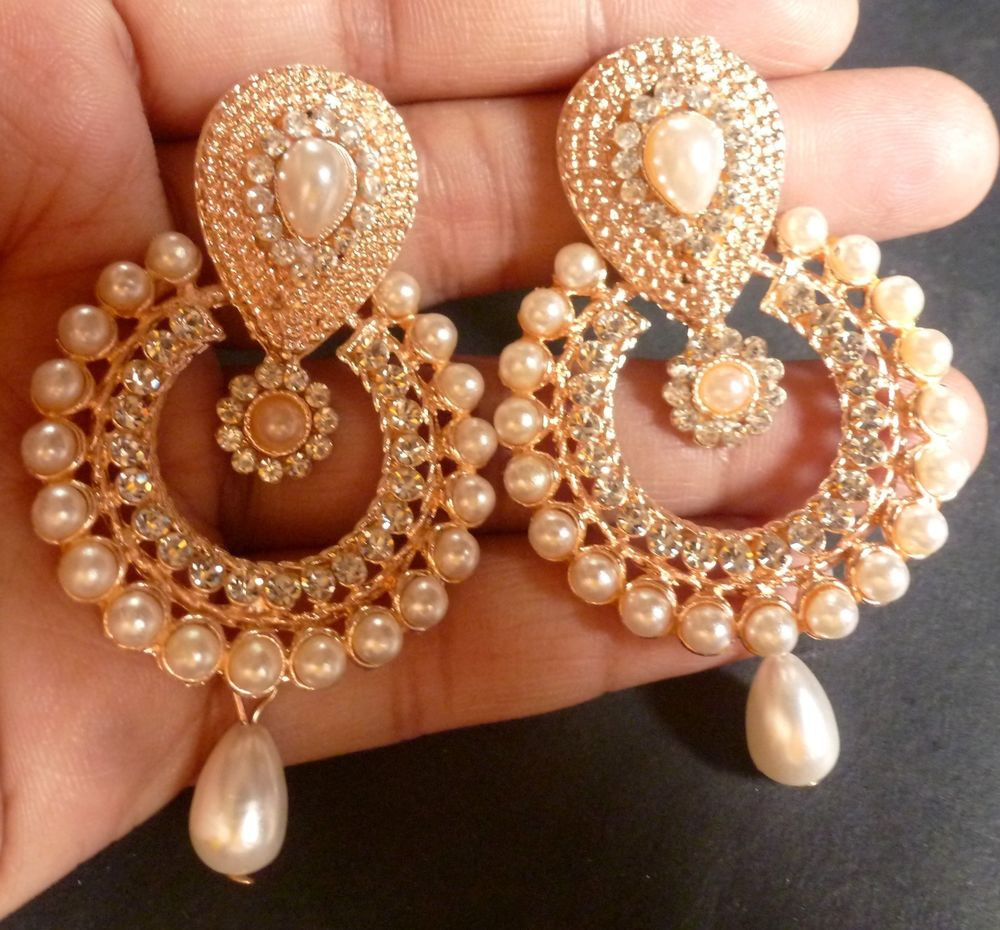 Indian Gold Earrings
 Rose Gold Plated Pearl Setting Indian 5 cm Long Indian