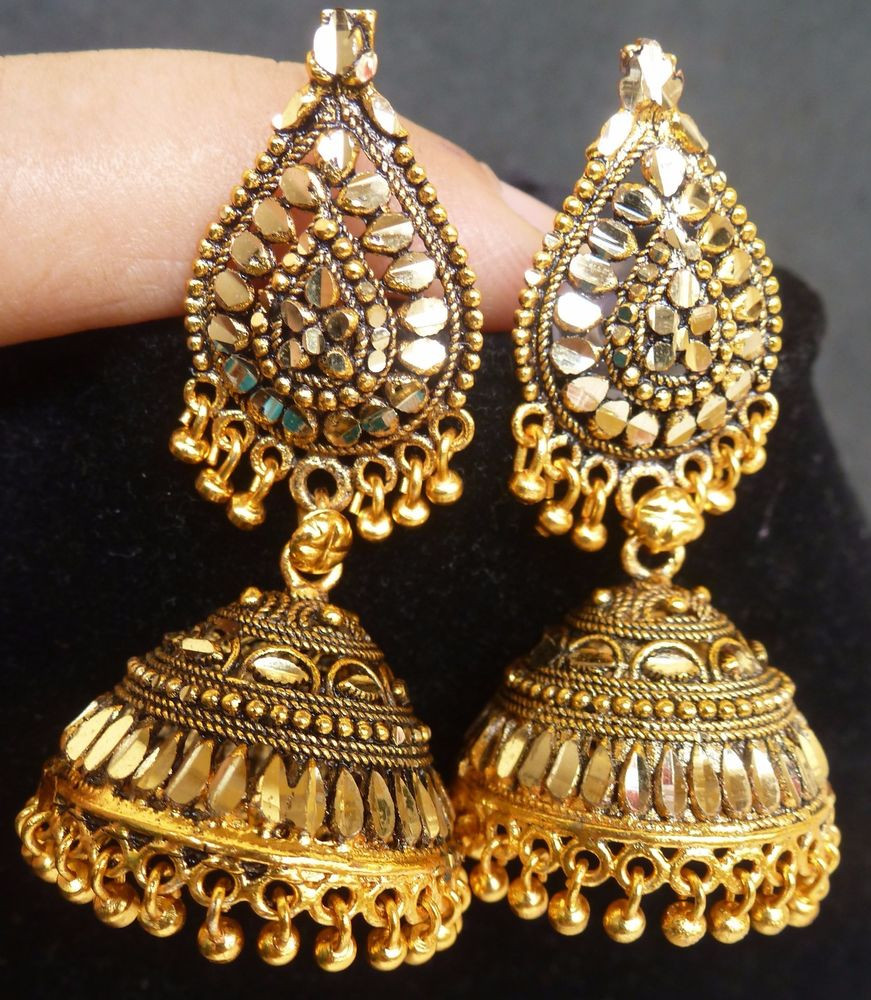 Indian Gold Earrings
 South Indian Antique Gold Plated 3 5 cm Long Jhumka Jhumki