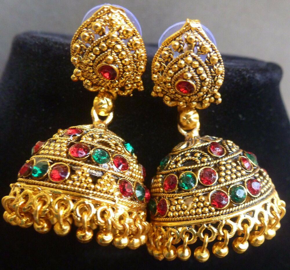 Indian Gold Earrings
 South Indian Bridal Antique Gold Plated Green Red CZ Stone