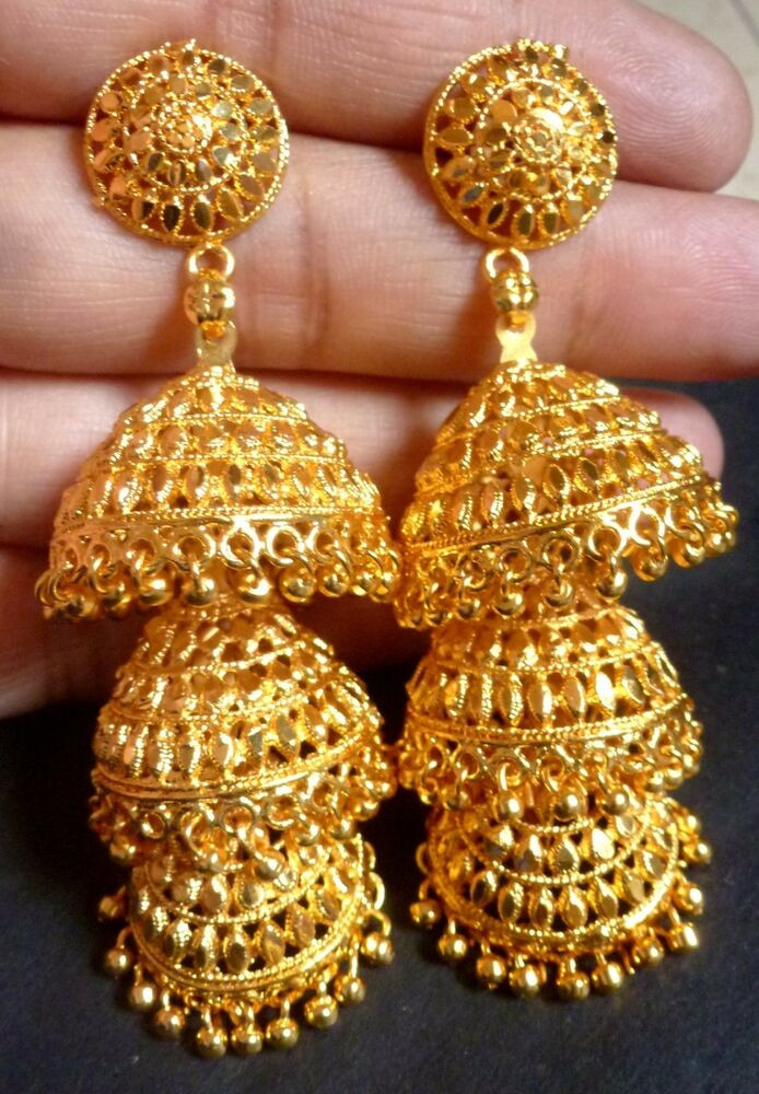 Indian Gold Earrings
 22K Gold Plated 3 Steps Indian Wedding Jhumka 3 Long