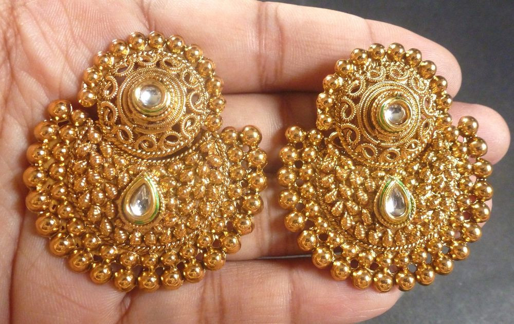 Indian Gold Earrings
 South Indian Antique Gold Plated CZ Kundan Polki Wedding