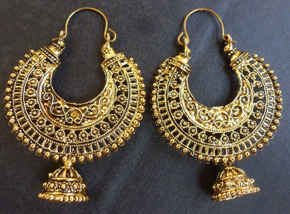 Indian Gold Earrings
 Vintage Antique Gold Plated Chand Bali Half Circle Indian