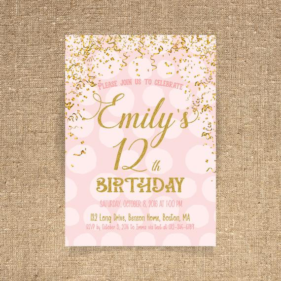 Invitation Birthday
 12th Birthday invitation Pink and Gold Birthday by CoolStudio