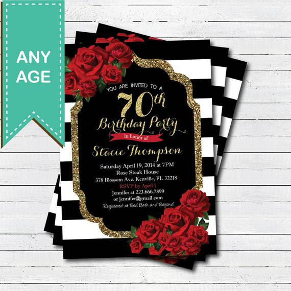 Invitation Birthday
 70th birthday invitation for lady Red rose black and gold