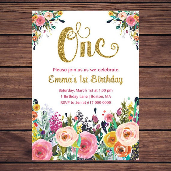 Invitation Birthday
 Floral 1st Birthday Invitation Girl Any Age Floral Pink Gold
