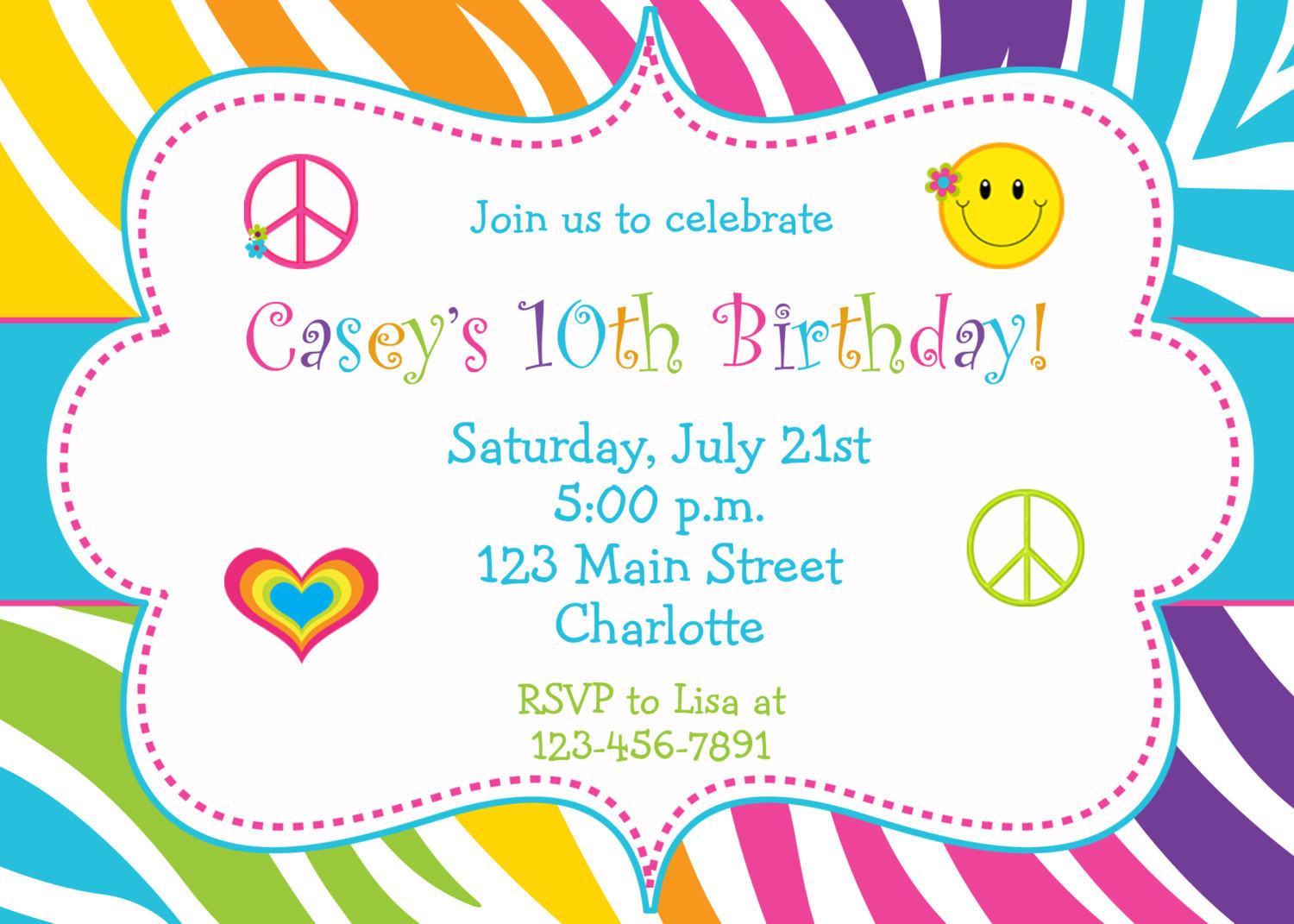 Invitation For Birthday
 Rainbow Zebra Girls Birthday Party Invitation by
