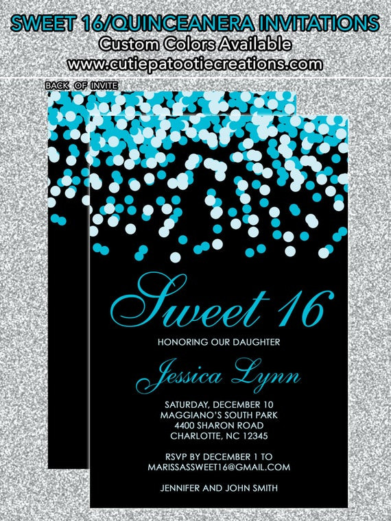 Invitation To Birthday Party
 Teal Blue & Black Confetti Sweet 16 Birthday Invitations