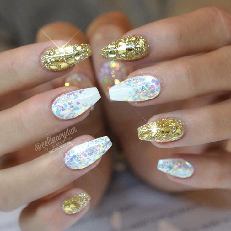 Iridescent Glitter Nails
 Ballerina Nails With Gold and Iridescent Pearl White