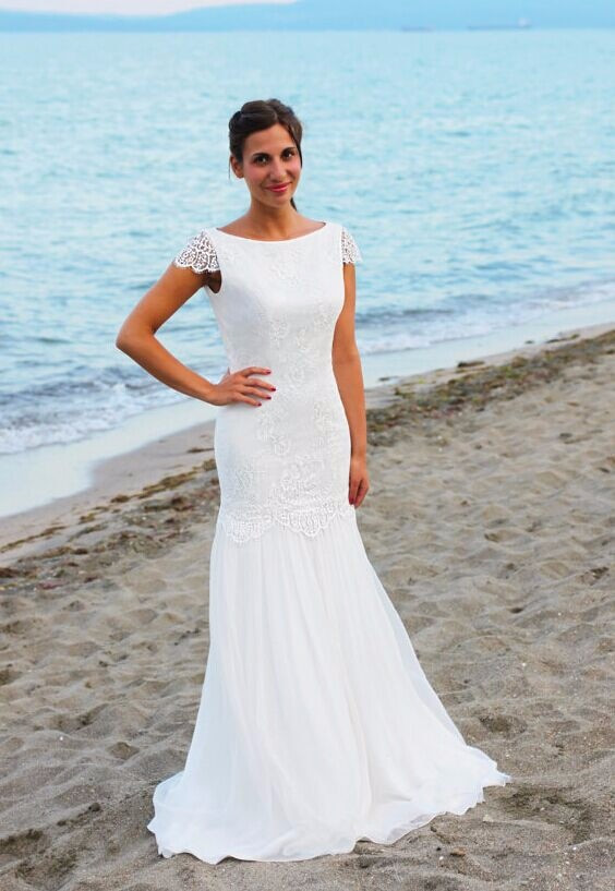 Ivory Colored Wedding Dresses
 Beautal Beach Wedding Dress Round Neck Backless Floor