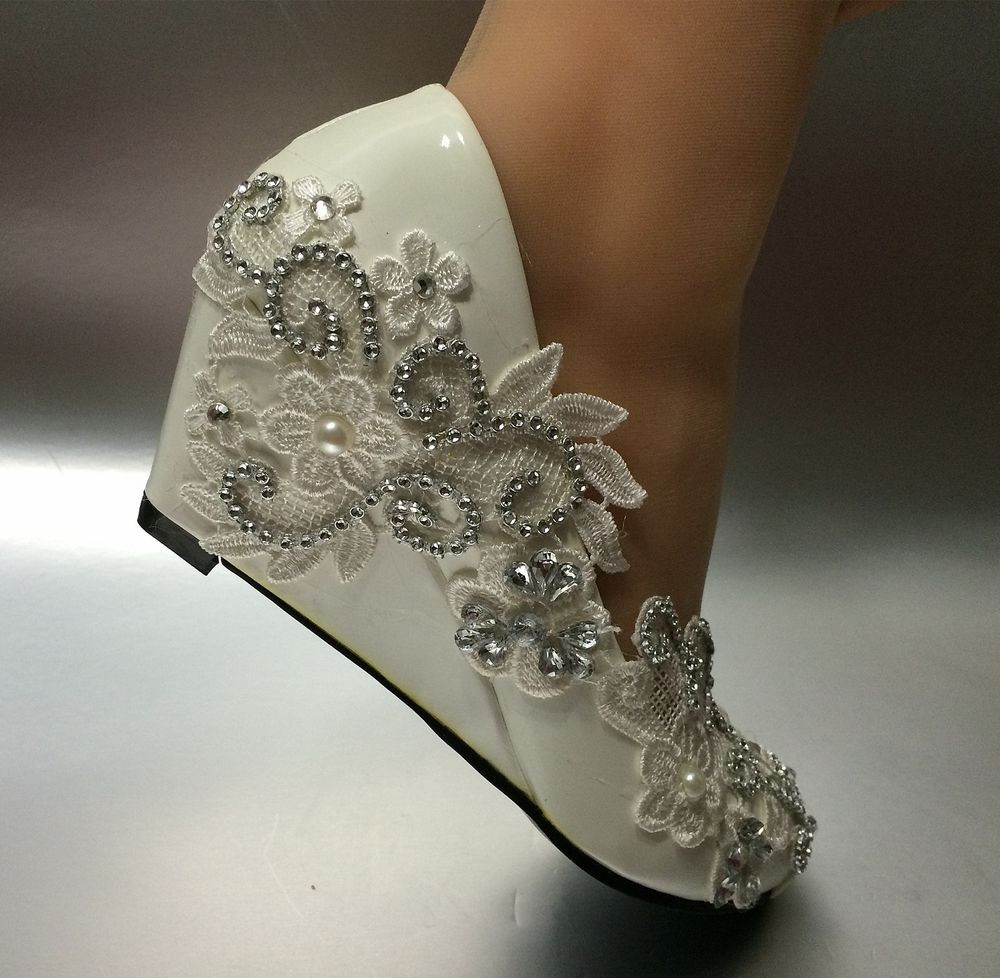 Ivory Lace Wedding Shoes
 5 cm wedge white ivory lace crystal Wedding shoes Bridal