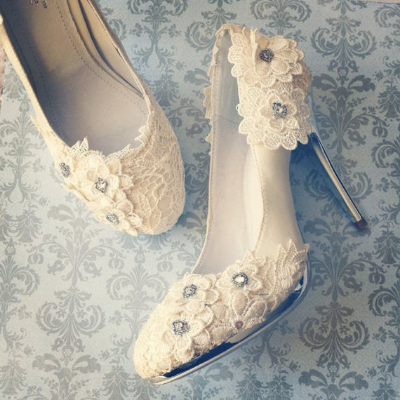 Ivory Lace Wedding Shoes
 SALE Ivory Vintage Lace Wedding Shoes with Crochet Flower