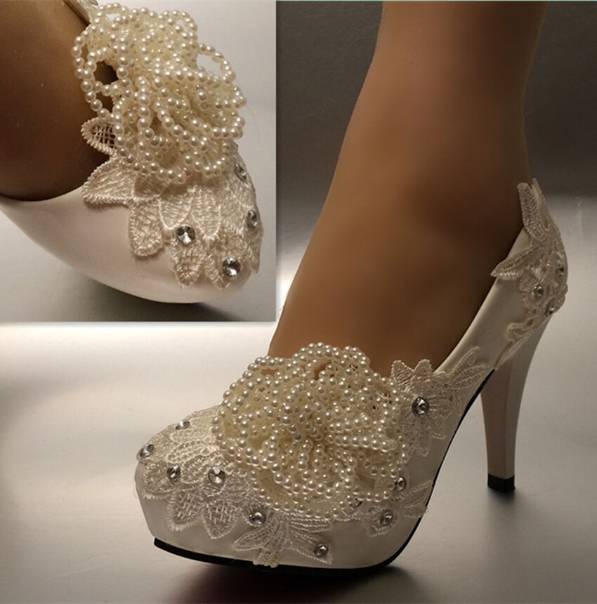 Ivory Wedding Shoes For Bride
 3 4" white ivory pearl lace crystal Wedding shoes Bridal