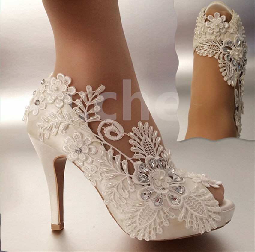 Ivory Wedding Shoes For Bride
 3" 4" heel satin white ivory lace pearls open toe Wedding