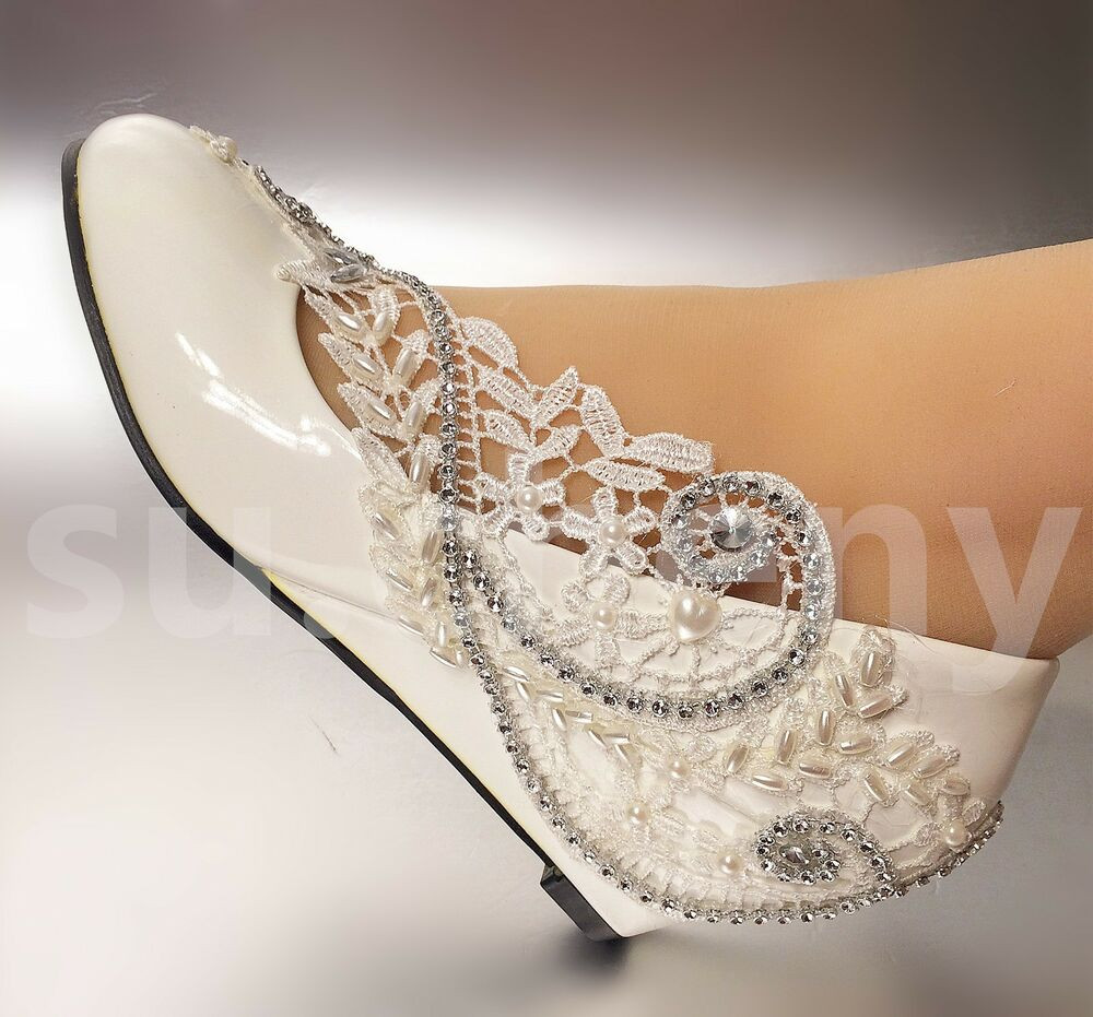 Ivory Wedding Shoes For Bride
 2” 3“ White ivory wedges pearls lace crystal Wedding shoes