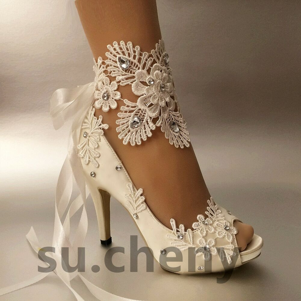 Ivory Wedding Shoes For Bride
 3" 4” heel white ivory satin lace ribbon open toe Wedding