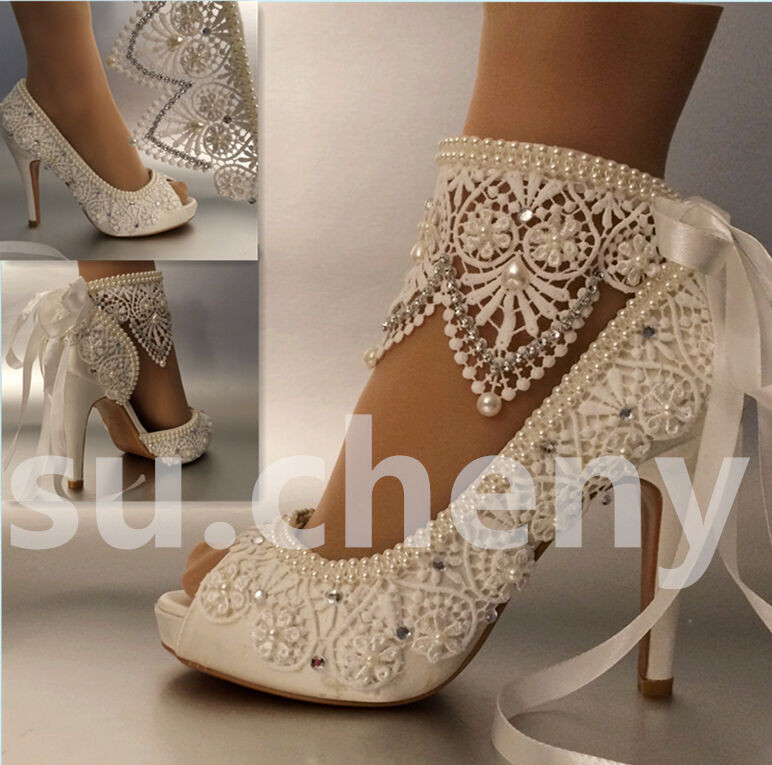 Ivory Wedding Shoes For Bride
 3" 4" heel satin white ivory lace ribbon ankle open toe
