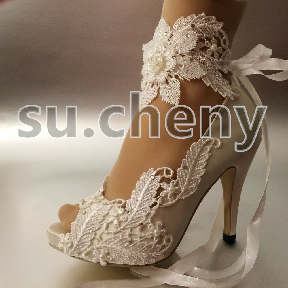 Ivory Wedding Shoes For Bride
 3" 4” heel white ivory satin lace ribbon open toe Wedding