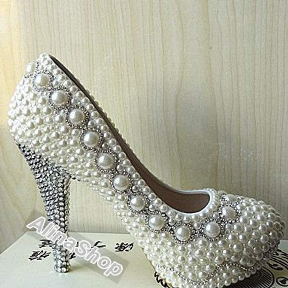 Ivory Wedding Shoes With Pearls
 Sliver rhinestone ivory Pearl wedding shoes Custom by