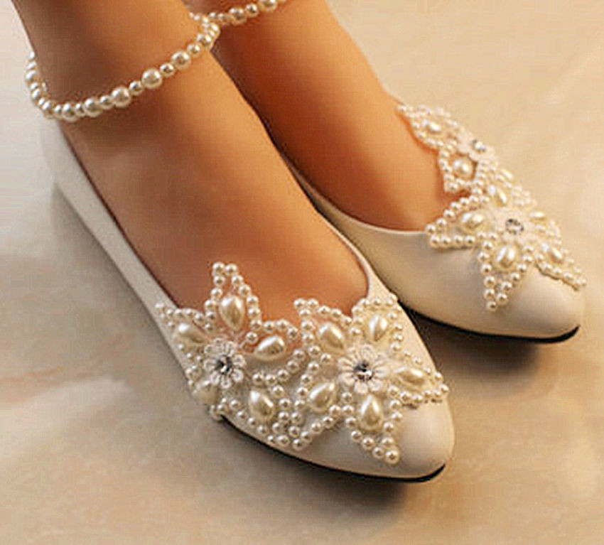 Ivory Wedding Shoes With Pearls
 Ivory white lace Wedding shoes pearls ankle trap Bridal