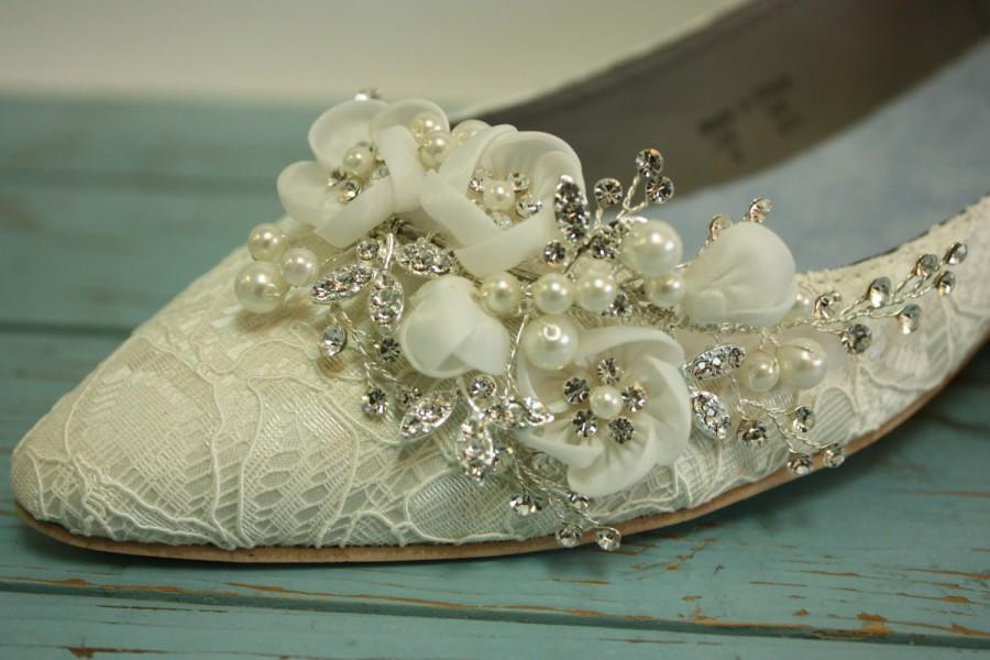 Ivory Wedding Shoes With Pearls
 Lace Wedding Shoes Flat Closed Toe Lace Shoes Pearls