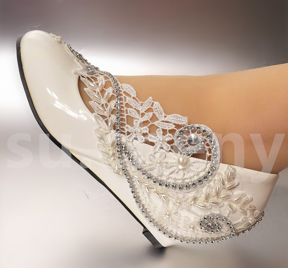Ivory Wedding Shoes With Pearls
 2” 3“ White ivory wedges pearls lace crystal Wedding shoes