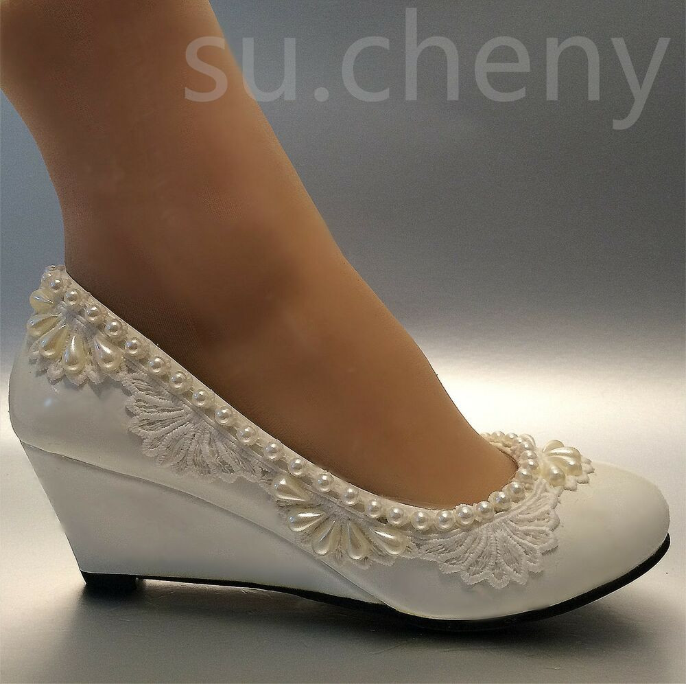 Ivory Wedding Shoes With Pearls
 2” heel wedges lace white light ivory pearl Wedding shoes