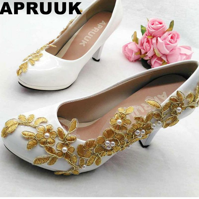 Ivory Wedding Shoes With Pearls
 Gold wedding shoes woman platforms gold lace ivory pearls