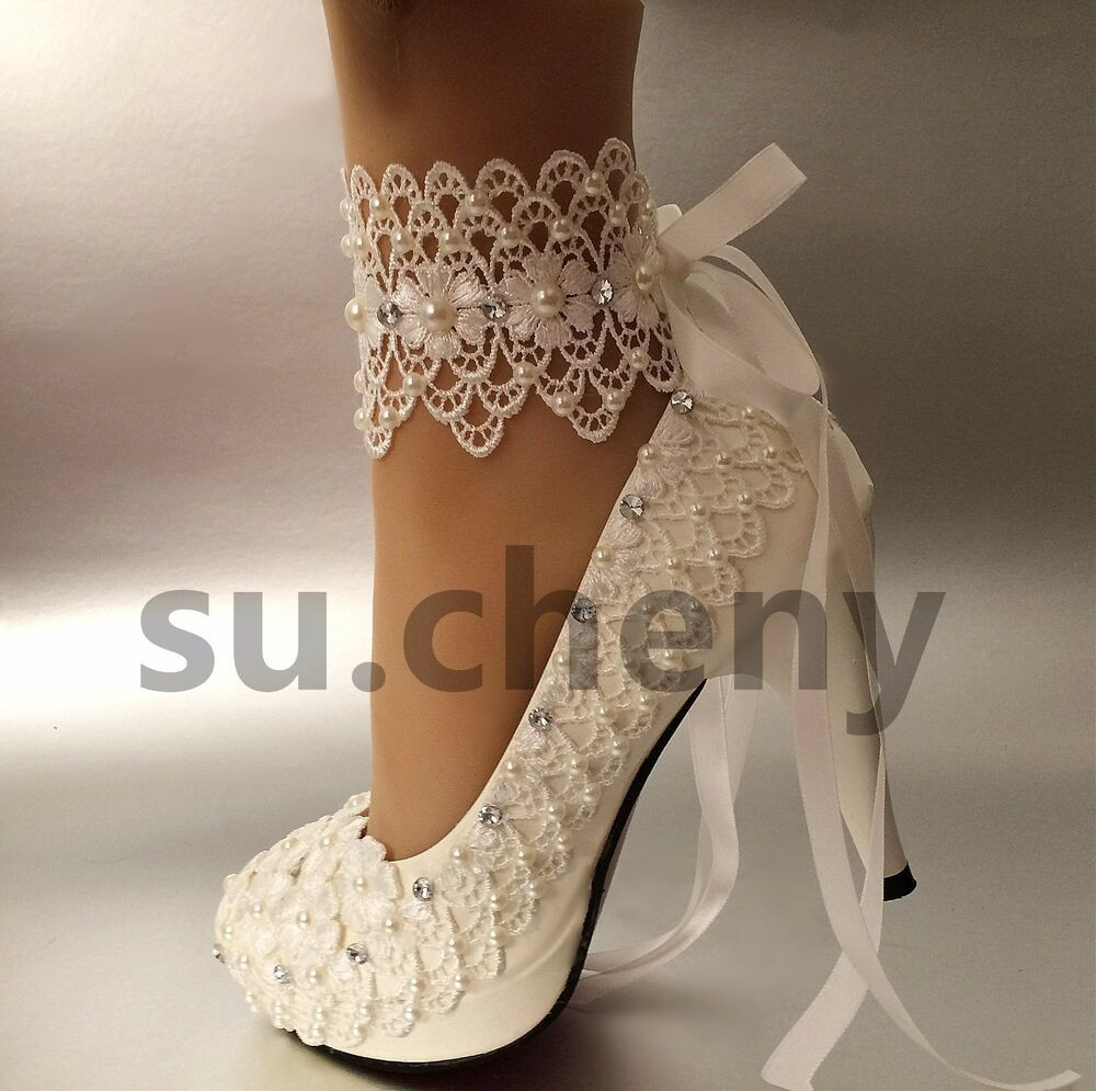 Ivory Wedding Shoes With Pearls
 3" 4 " heel white ivory lace ribbon ankle pearls Wedding