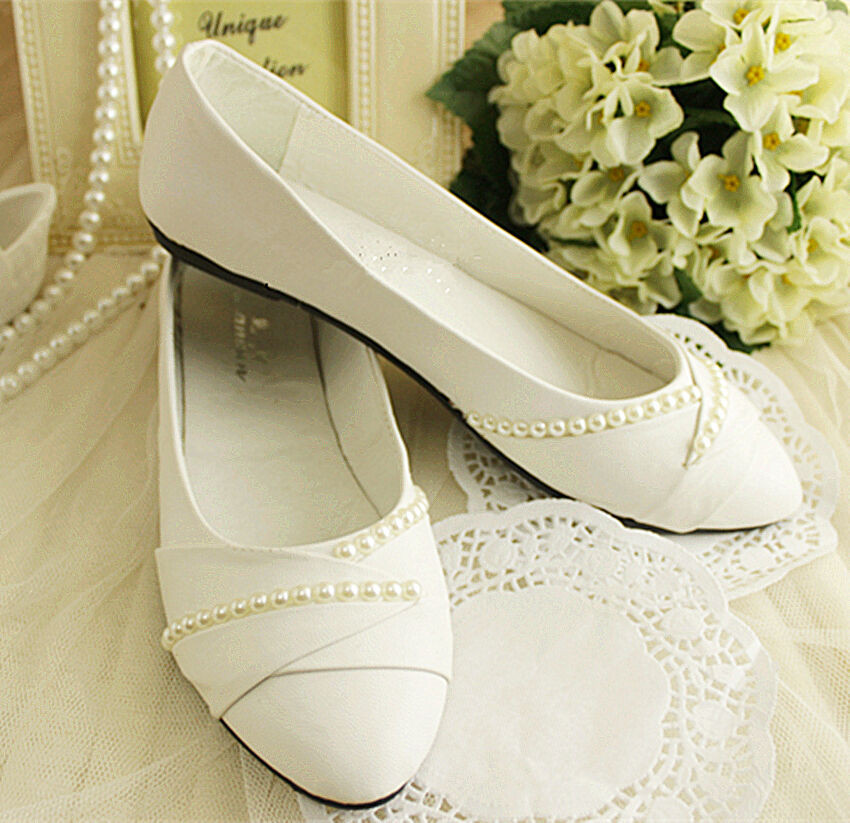Ivory Wedding Shoes With Pearls
 Ivory white pearls flat ballet Wedding shoes Bridal pumps