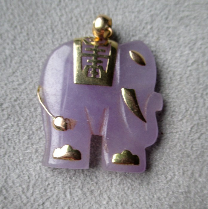 Jade Elephant Necklace
 14k Gold and Lavender Jade Elephant Pendant from rubylane