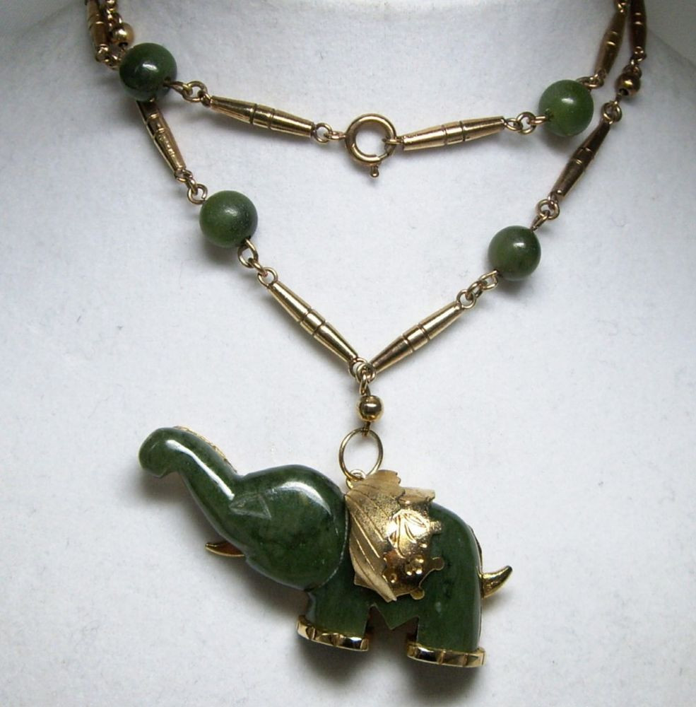 Jade Elephant Necklace
 Vintage Gold Tone & Carved Nephrite Jade Elephant Trunk Up