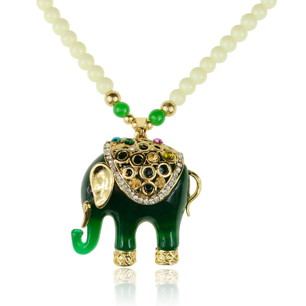 Jade Elephant Necklace
 Crystal Jade Green Acrylic Beads Gemstone Elephant Chain